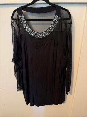 Roaman's Black Sheer-Sleeve Top with Crystal Collar
